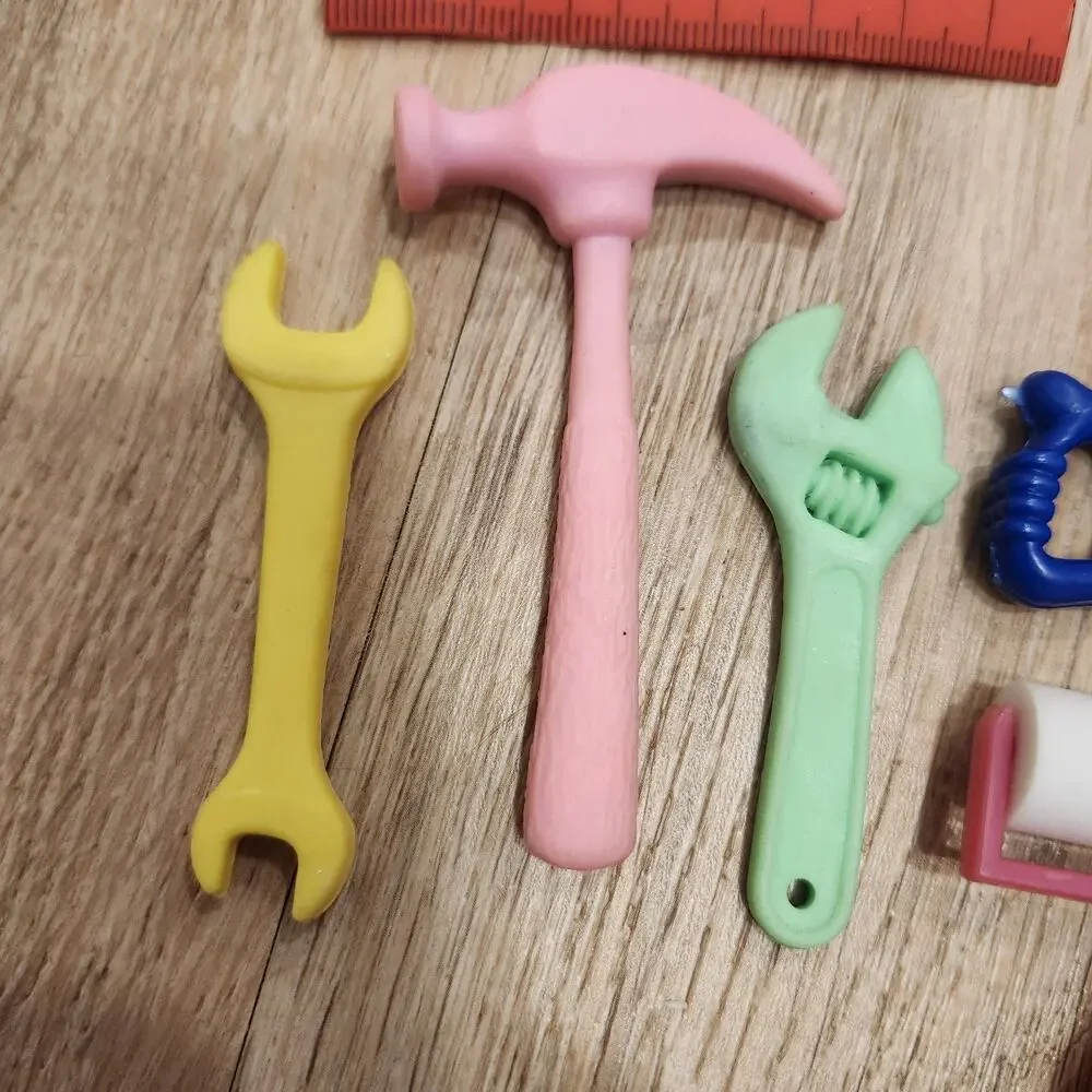 7 Vtg 1980s Erasers Rubber Tools Water Tap Spigot Paint Hammer Saw Wrench Ruler